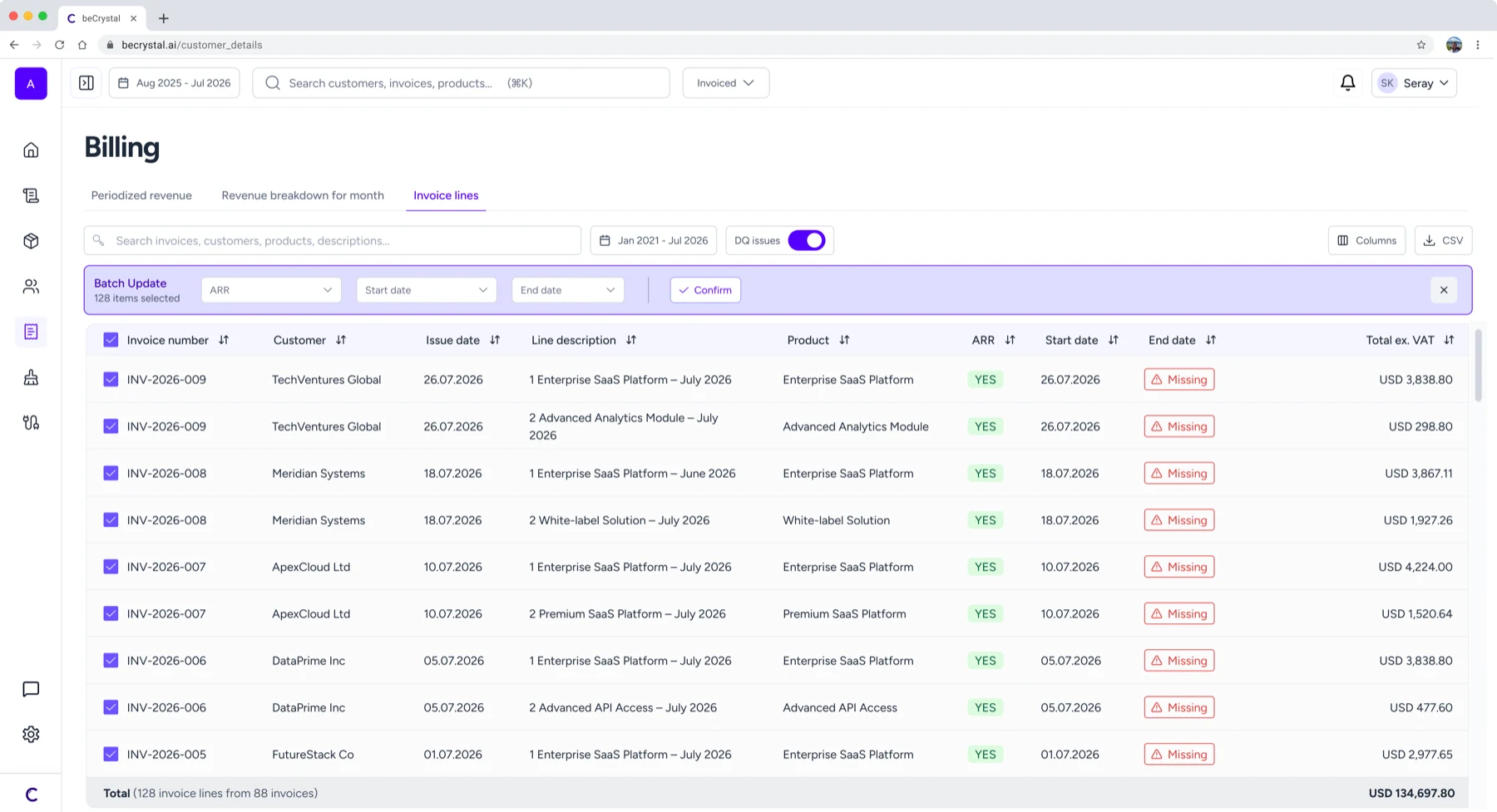 A billing invoice-lines table with a batch-update toolbar for editing the selected rows together