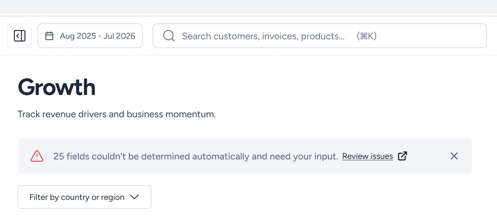 The dashboard header with a warning banner reporting fields that need the user's input