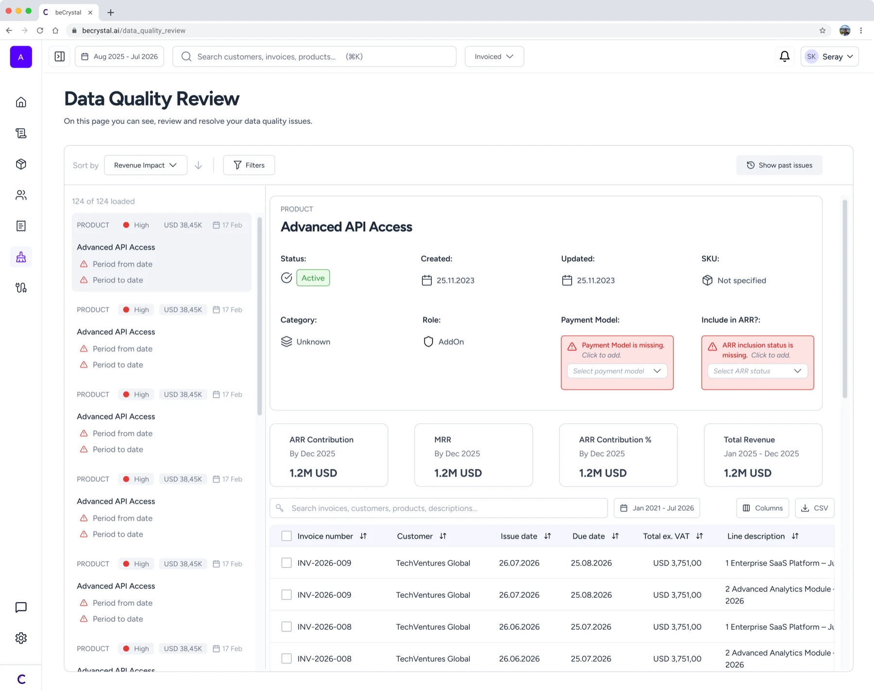 The Data Quality Review screen listing flagged issues beside the selected item's detail