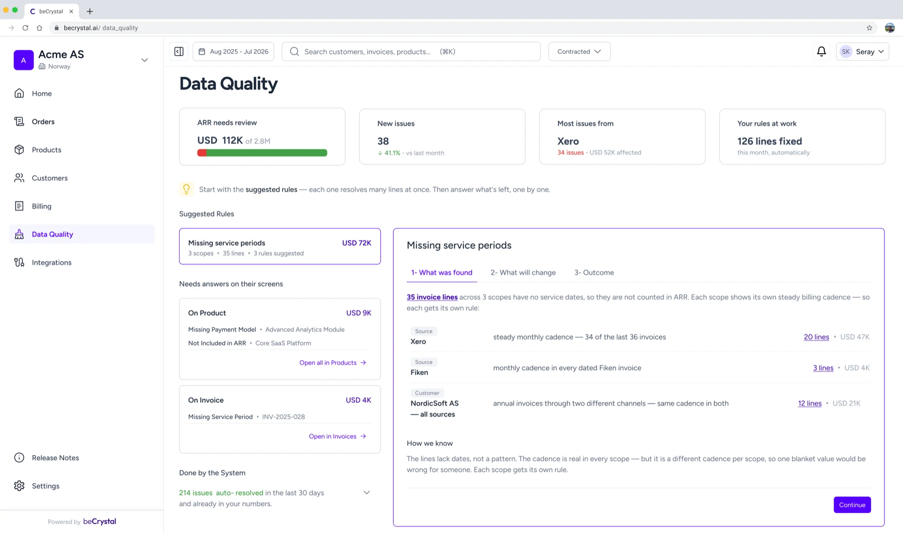 The rebuilt Data Quality screen: summary cards above a master–detail layout with a proposed rule's detail panel
