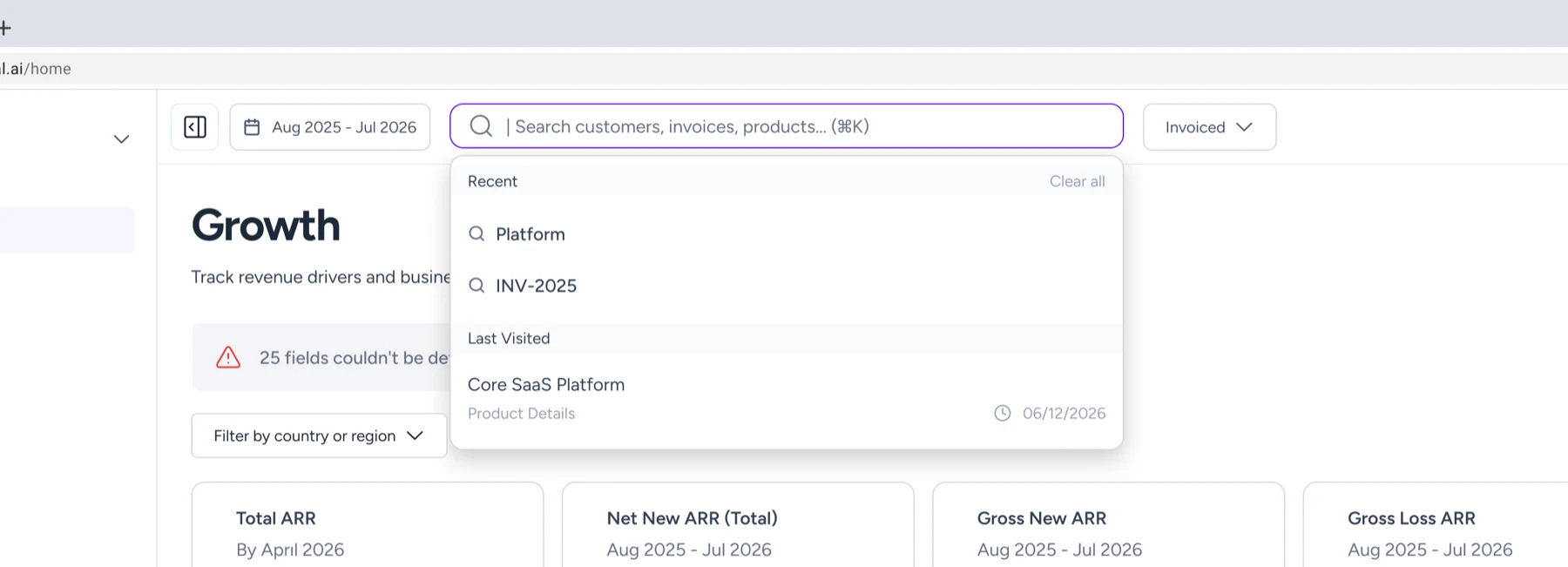 Global search overlay reaching customers, products, invoices and orders, with recent searches