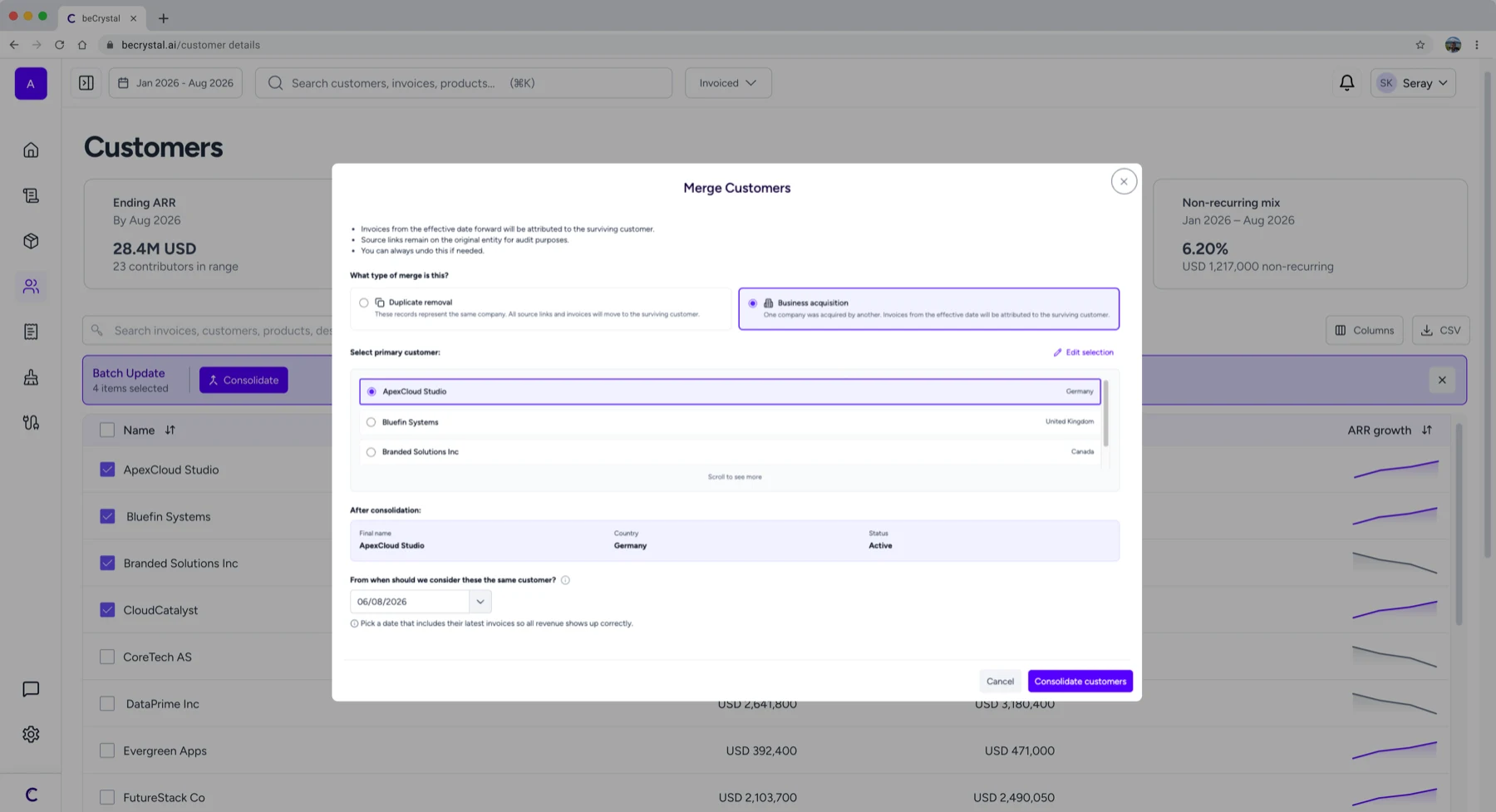 A Merge Customers dialog over the customers list, consolidating duplicate records