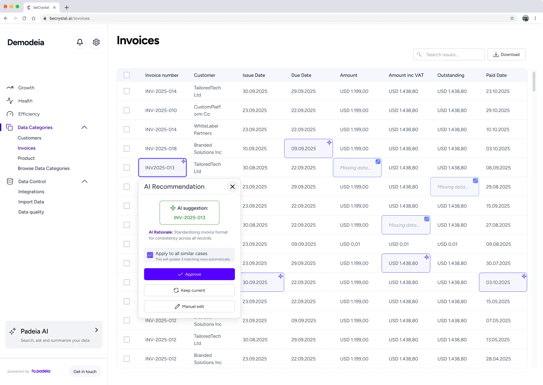 An invoices table with an AI recommendation popup offering Approve, Keep current and Manual edit for a problem row