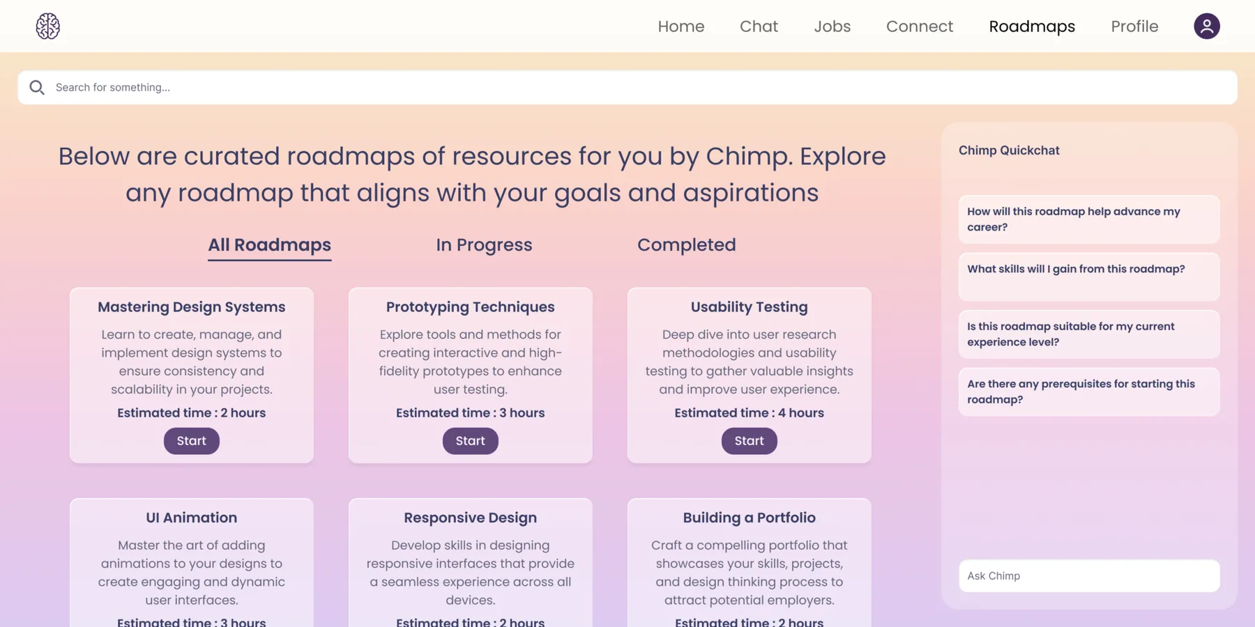 The Roadmaps screen on web: a grid of curated roadmap cards with a description, estimated time and Start button, beside the Chimp Quickchat panel