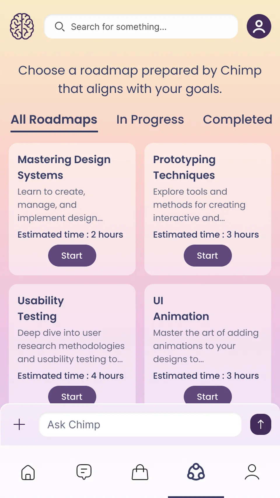 The Roadmaps screen on mobile: All Roadmaps, In Progress and Completed tabs above a two-column grid of roadmap cards