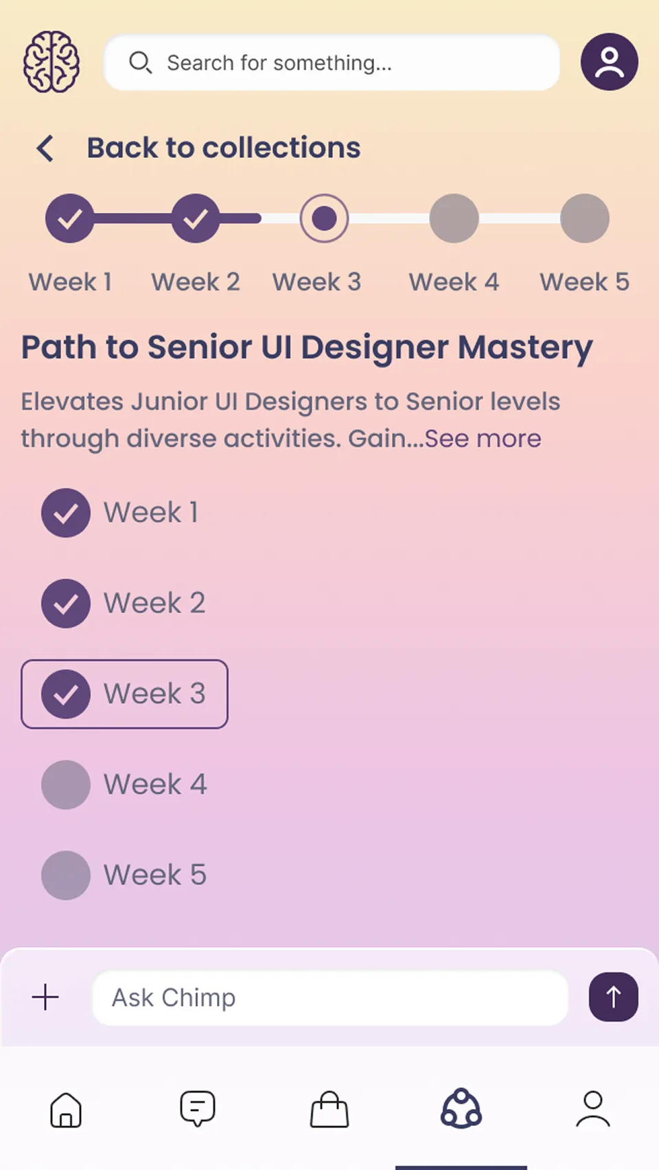 Inside a roadmap on mobile: the five-week progress line above the roadmap title and a week-by-week list