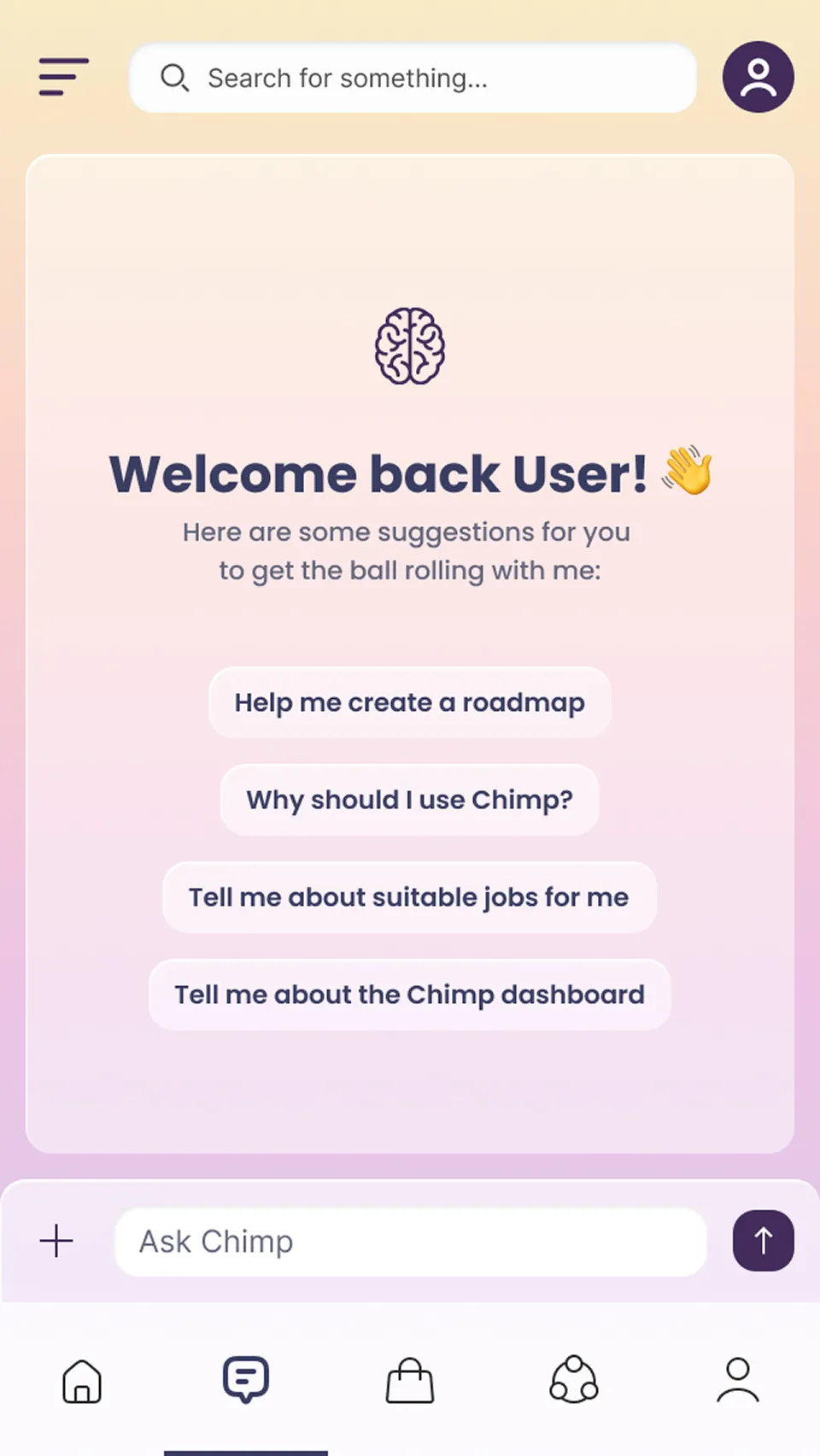 The mobile Chat screen's welcome state: a greeting with suggested prompts such as Help me create a roadmap