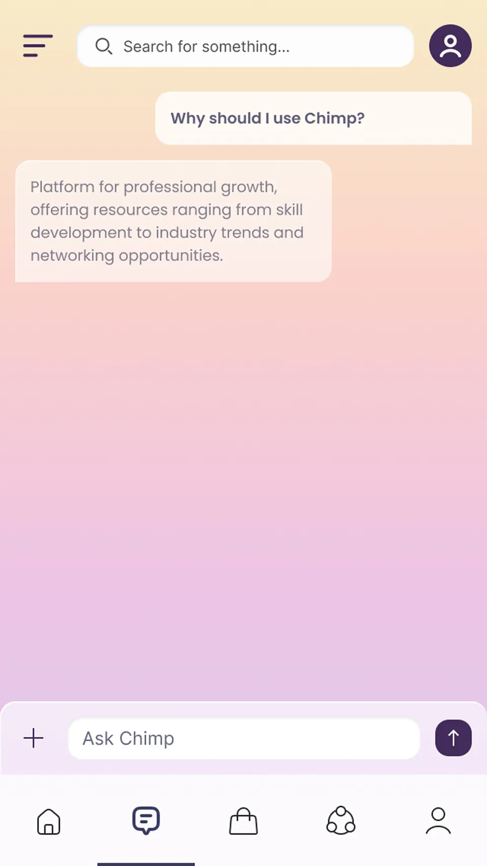 A mobile Chat conversation: the user asks why they should use Chimp and the AI replies