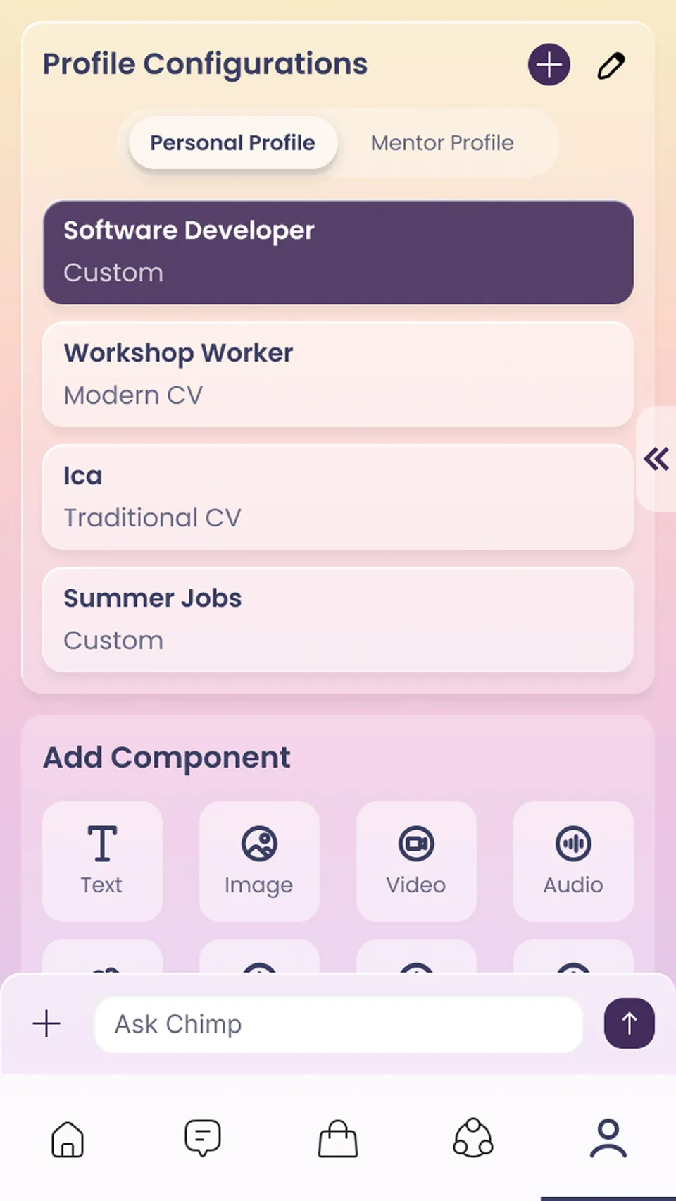 The mobile Profile Configurations panel: Personal and Mentor profile tabs, a list of saved profiles and the Add Component grid