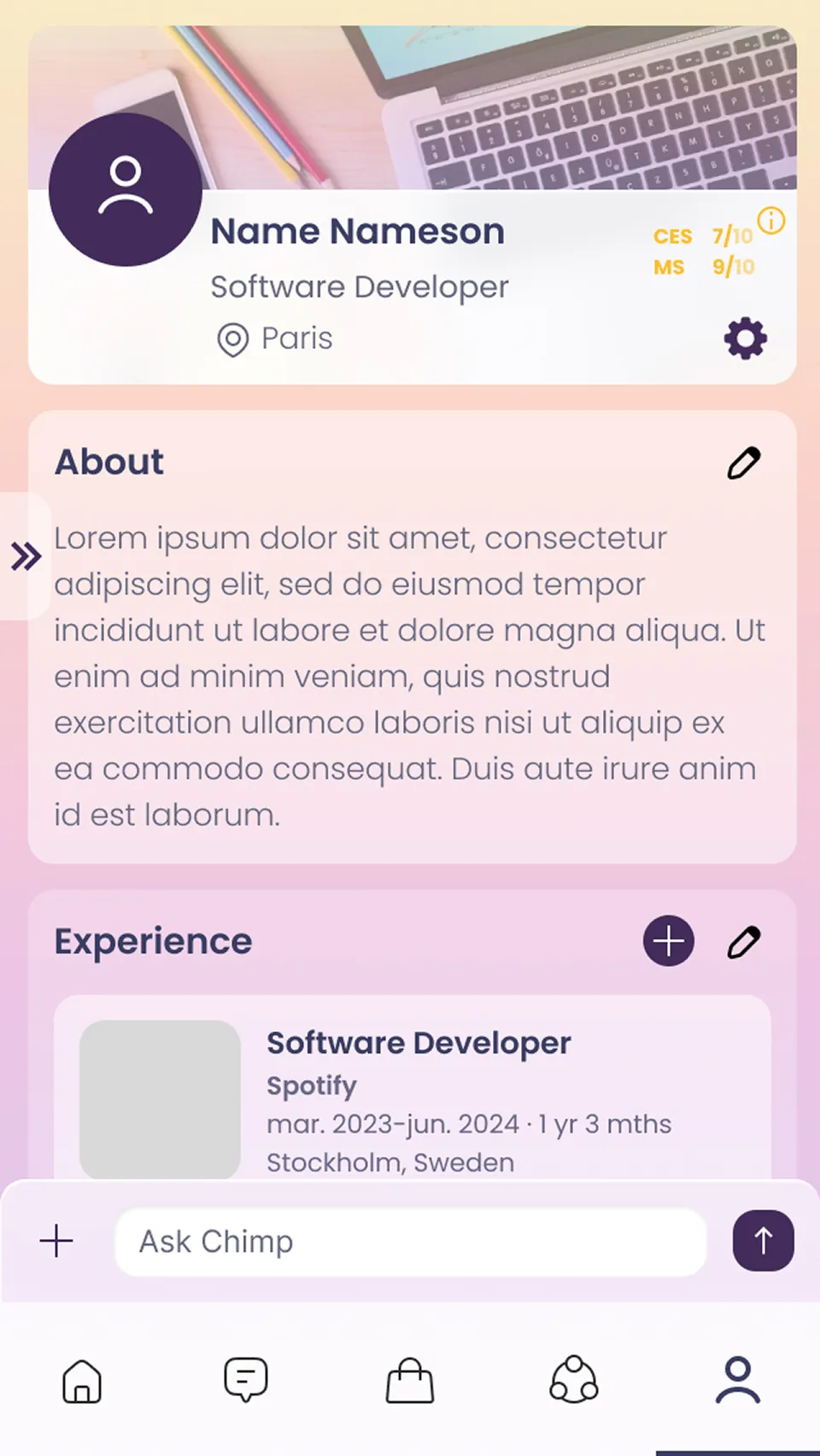 The Profile screen on mobile: cover photo, name and title, About and Experience sections, with a small arrow on the left edge