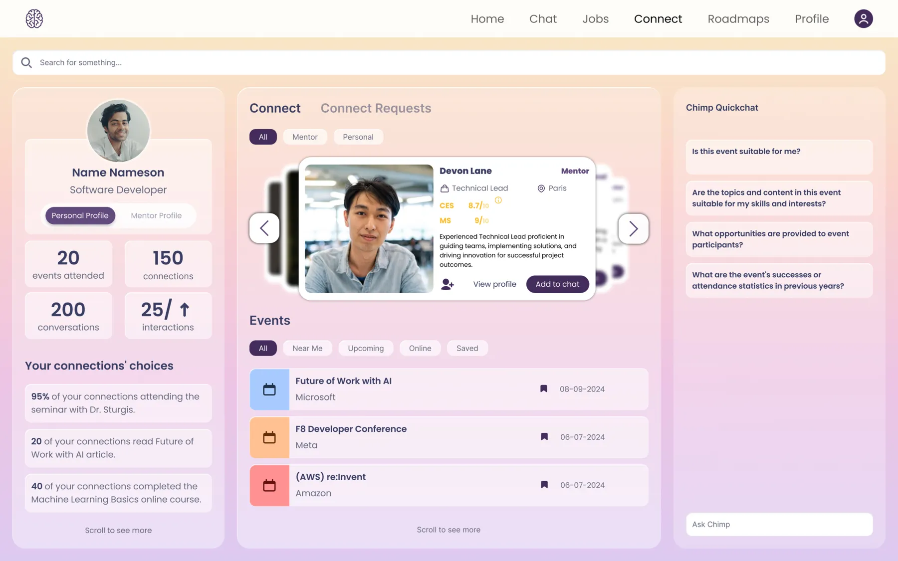 The final Connect screen on web: a mentor profile card in a carousel, an Events list, Your connections' choices on the left and Chimp Quickchat on the right