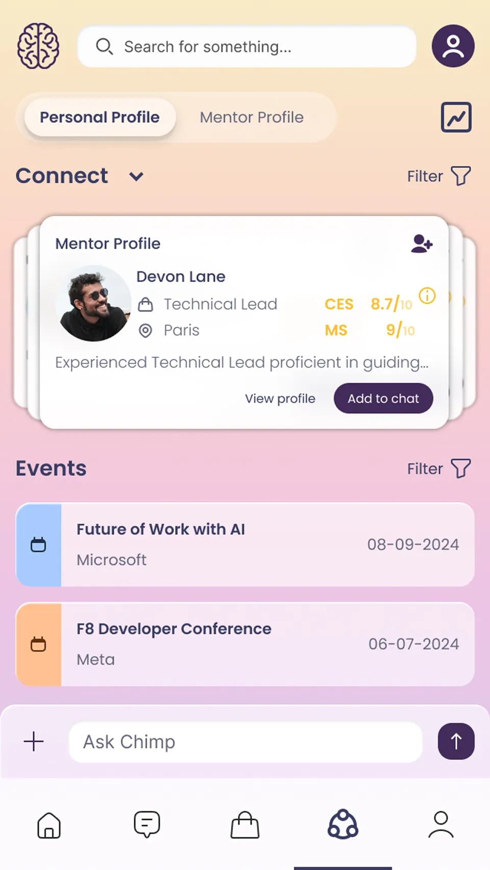The final Connect screen on mobile: a mentor profile card, an Events list and the Ask Chimp bar